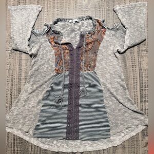 John Mark Mixed-Pattern Pullover Tunic Top in Gray, Blue, Orange and White